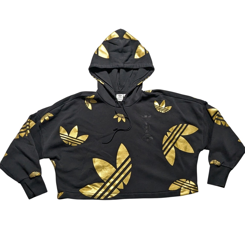 Adidas Gold Metallic Trefoil AOP Women Medium Black Oversized Cropped Hoodie EUC
